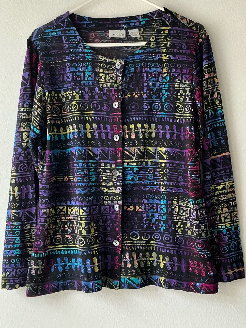 Chico’s Women's Size 2 L Button Front Cardigan Top Multi Tribal Boho